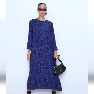 Zara ANIMAL PRINT Oversized Maxi DRESS Blue zebra print-size S